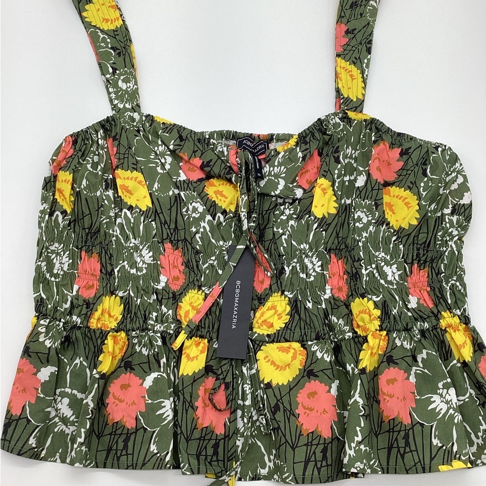 BCBGMaxAzria Olive Floral Smocked Tank with Yellow & Coral Blooms NWT
